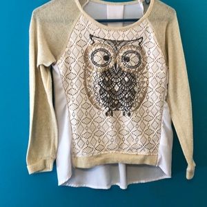 Cute owl shirt with sparkles and sheer back!